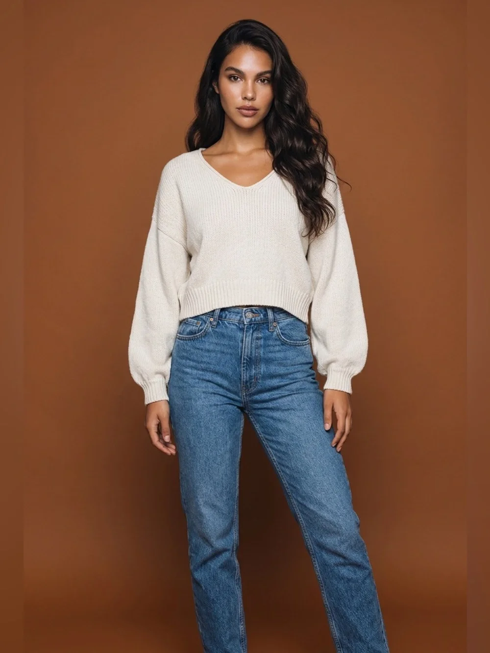 Free People Cream V-Neck Knit Pullover